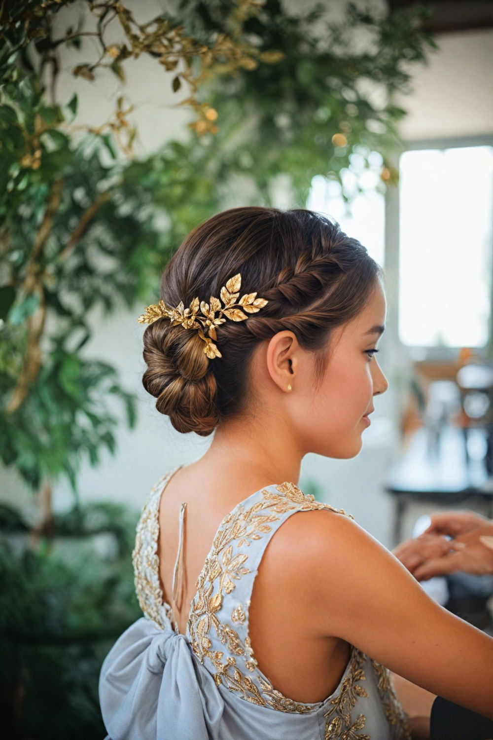 braided bun with gilded leaves flower girl hairstyle