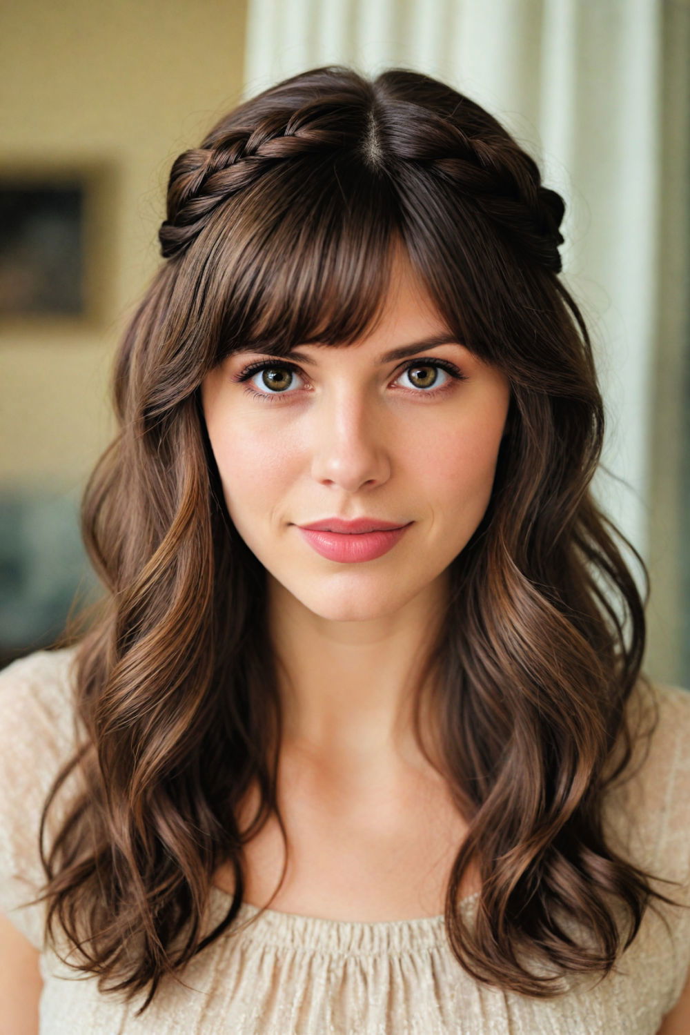 braided crown with curtain bangs