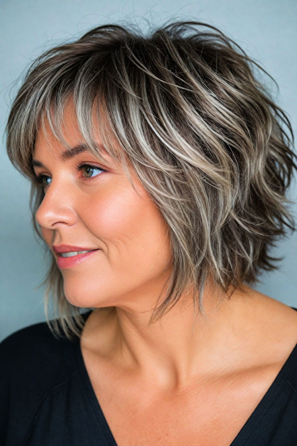 choppy cut with highlights for women over 50 with double chin