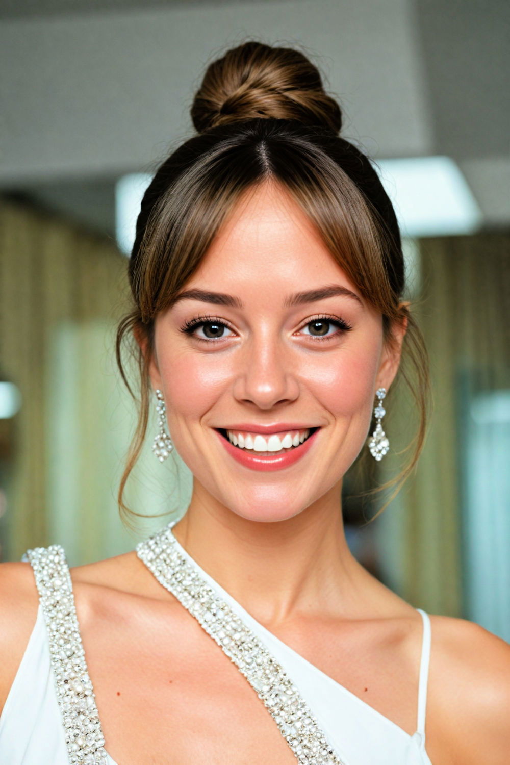 classic bun with curtain bangs