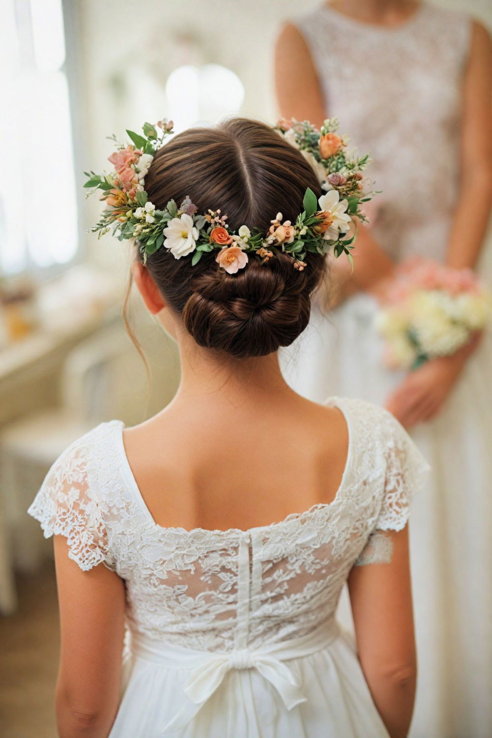 classic bun with floral crown hairstyle