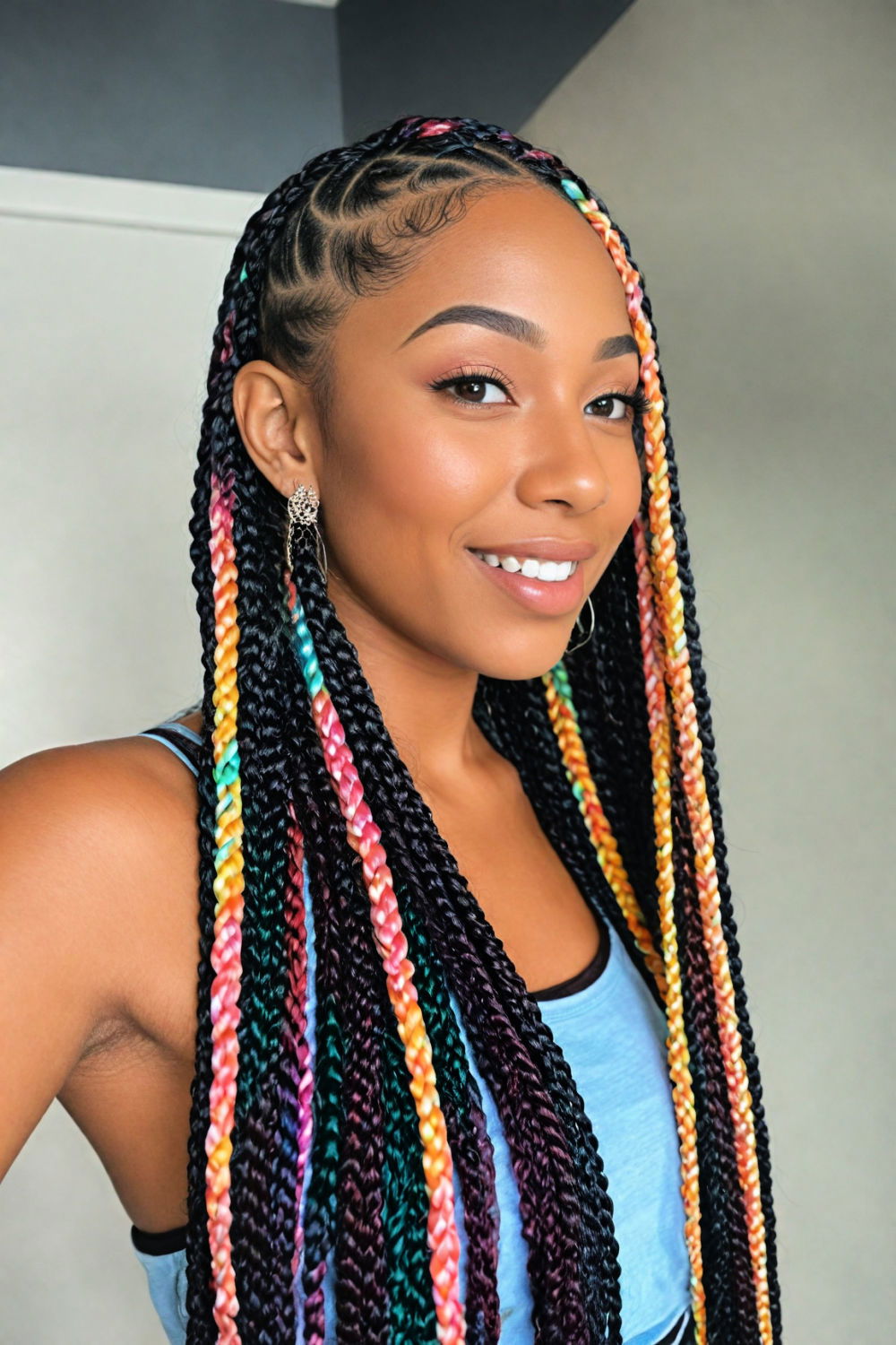 colorful knotless braids hairstyle