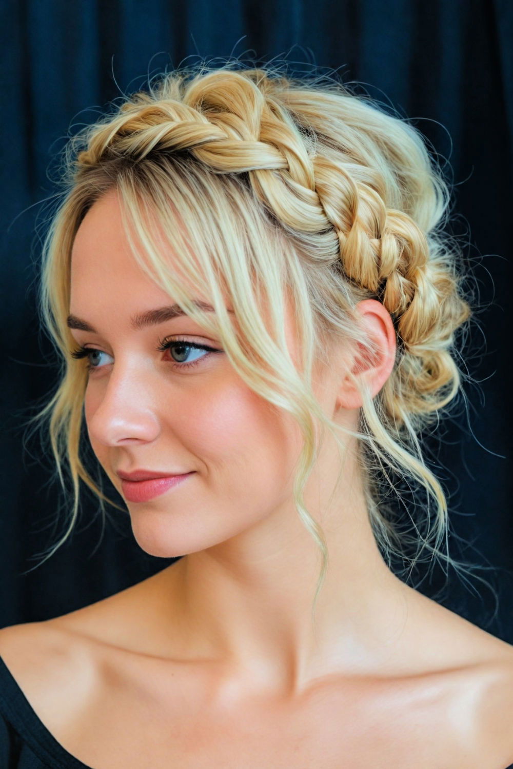 crown braid with curtain bangs