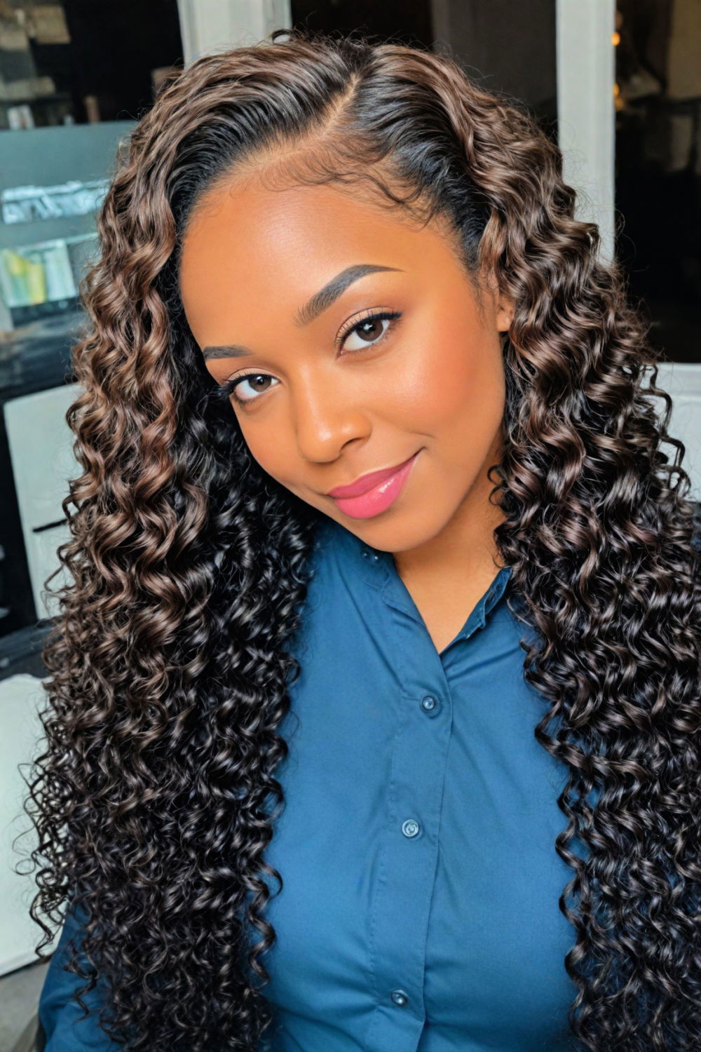 deep curly sew in hairstyle for woman