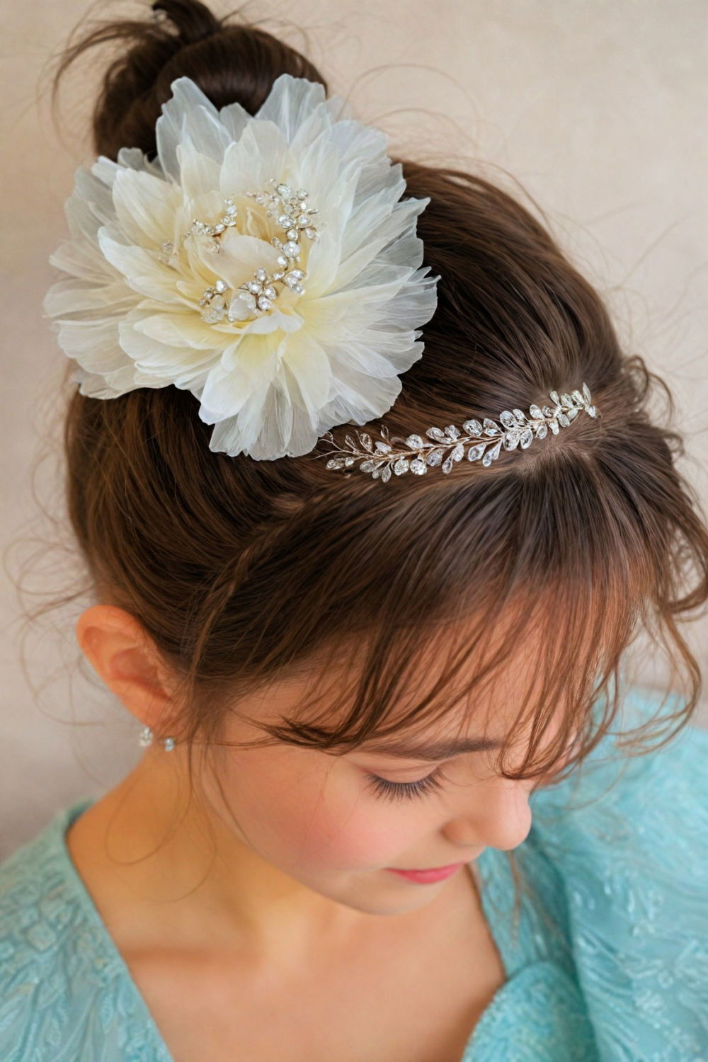 elegant chignon with crystal hairpins flower girl hairstyle