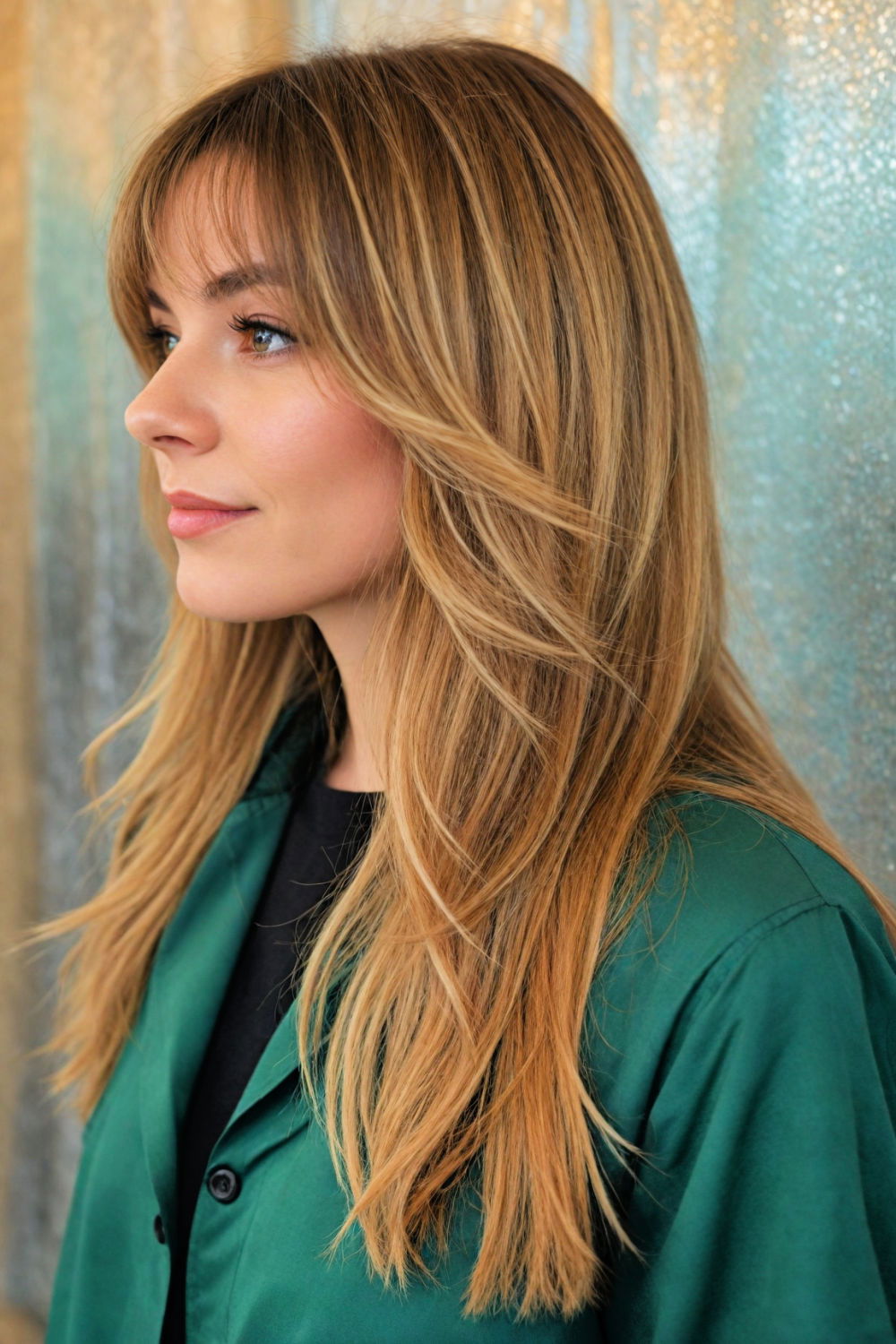 feathered layers with curtain bangs