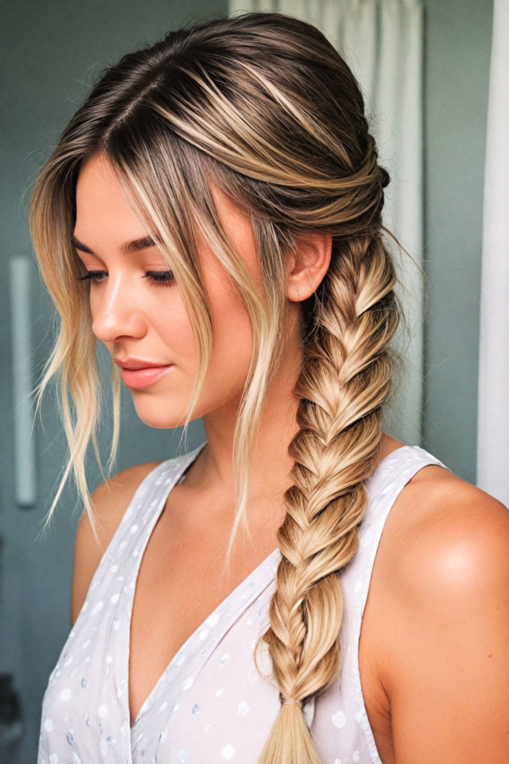 fishtail braid hairstyle with long curtain bangs