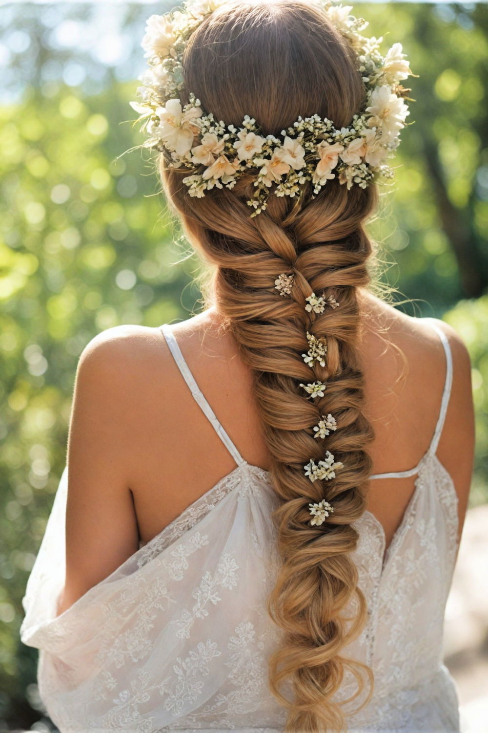 fishtail braid with flowers hairstyle