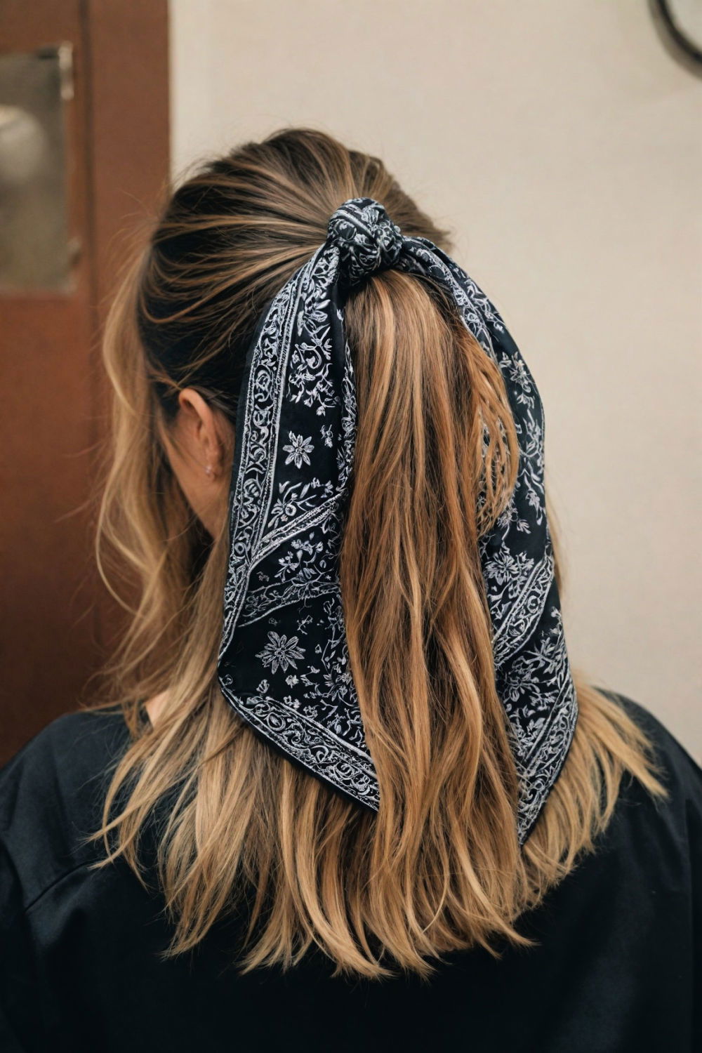 half tied hair with bandana for everyday wear