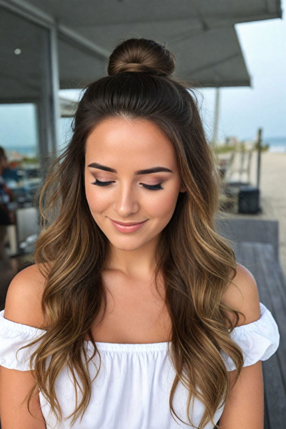 half up half down bun hairstyle for beach