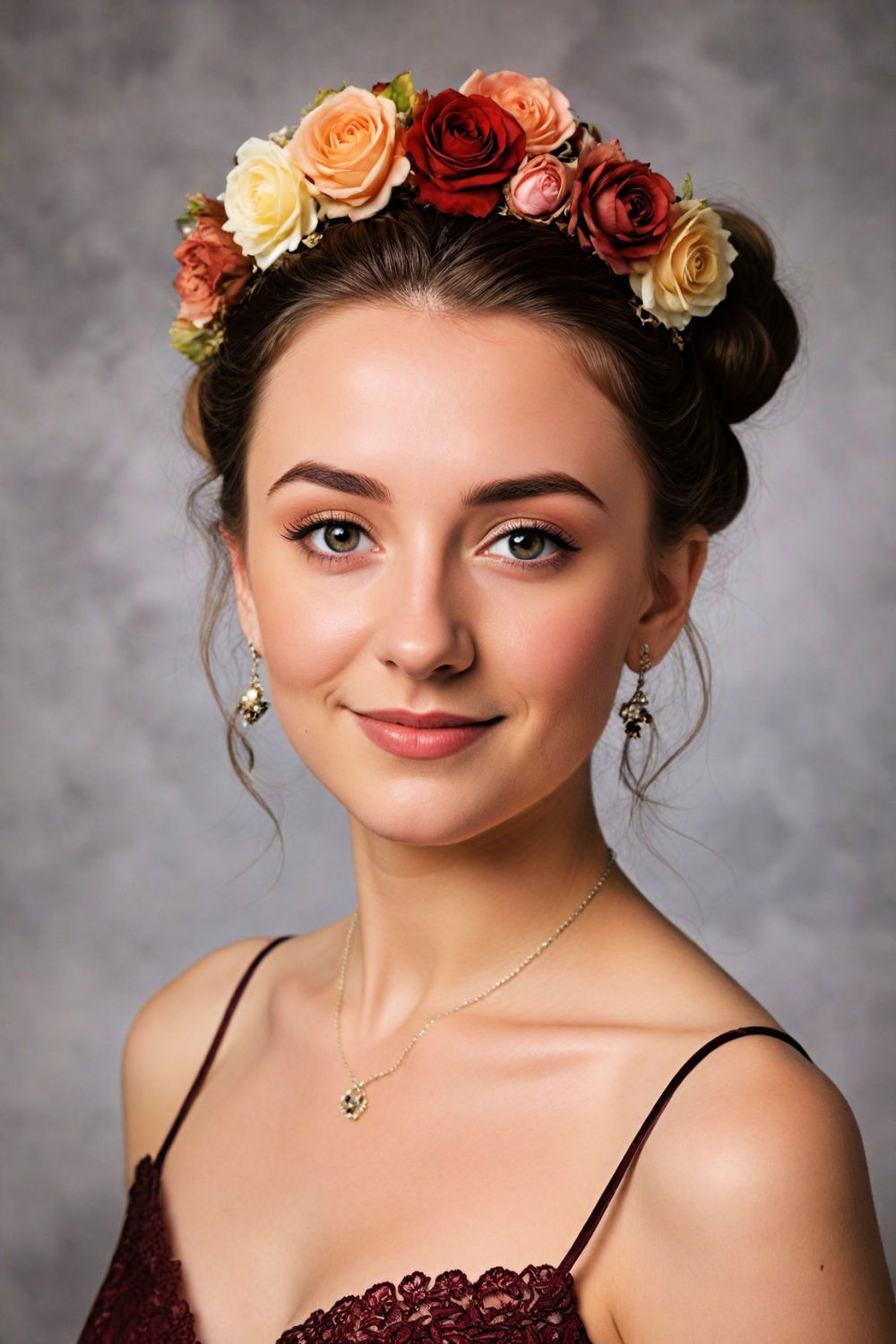 high bun with floral crown hairstyle