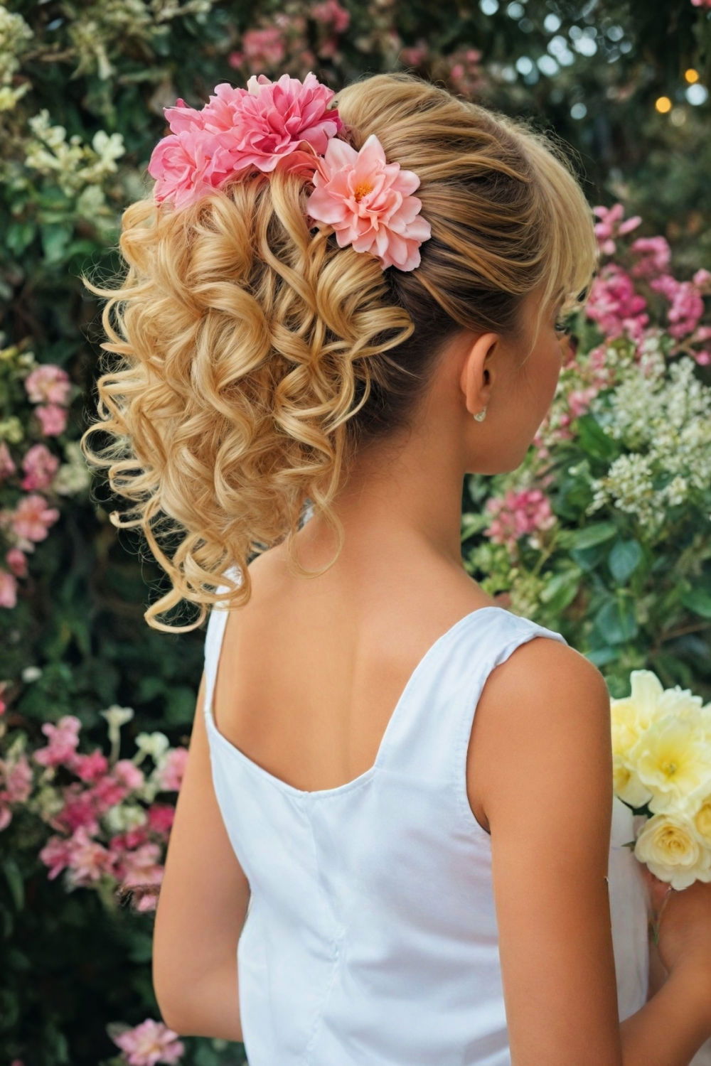 high curly ponytail with fabric flowers