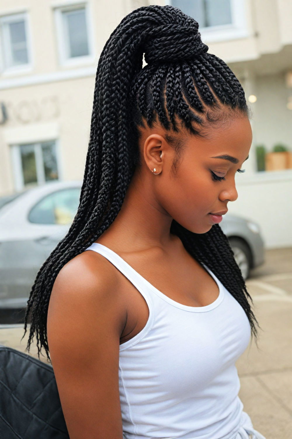 high ponytail box braids hairstyle to keep braids out of your face