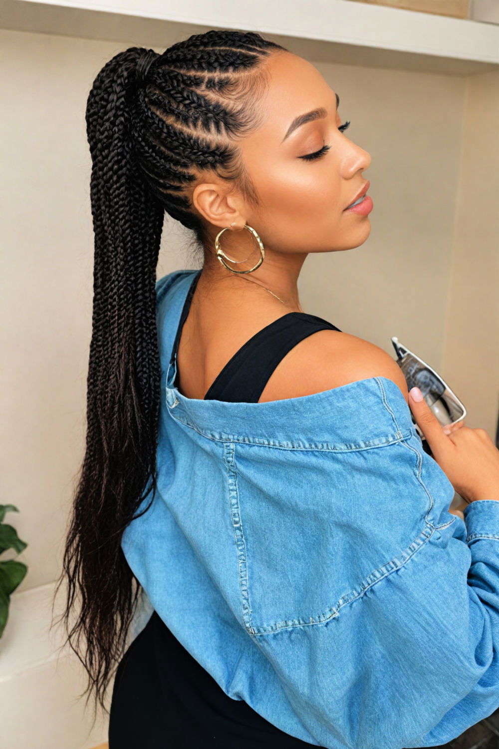 high ponytail knotless braids for face lifting effect