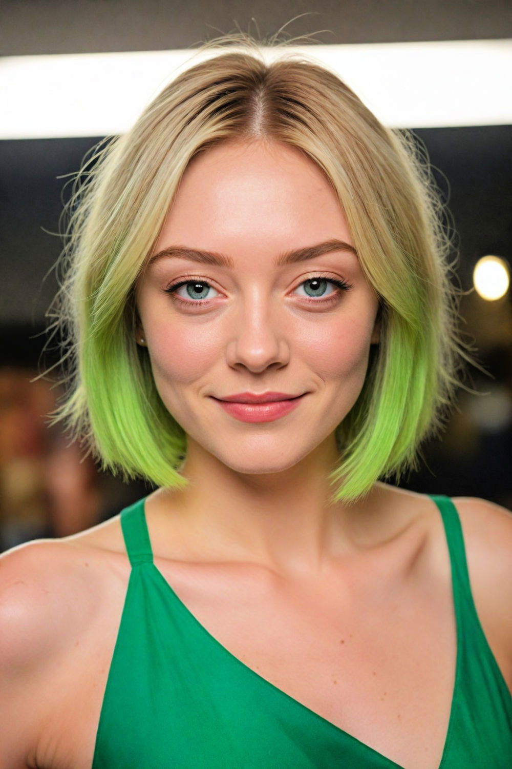 inverted bob haircut with neon green tips