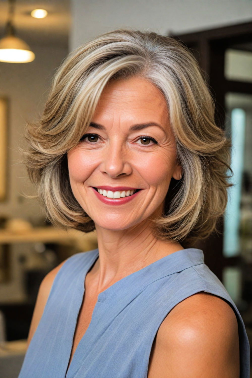 layered shoulder length for women over 60 with round face