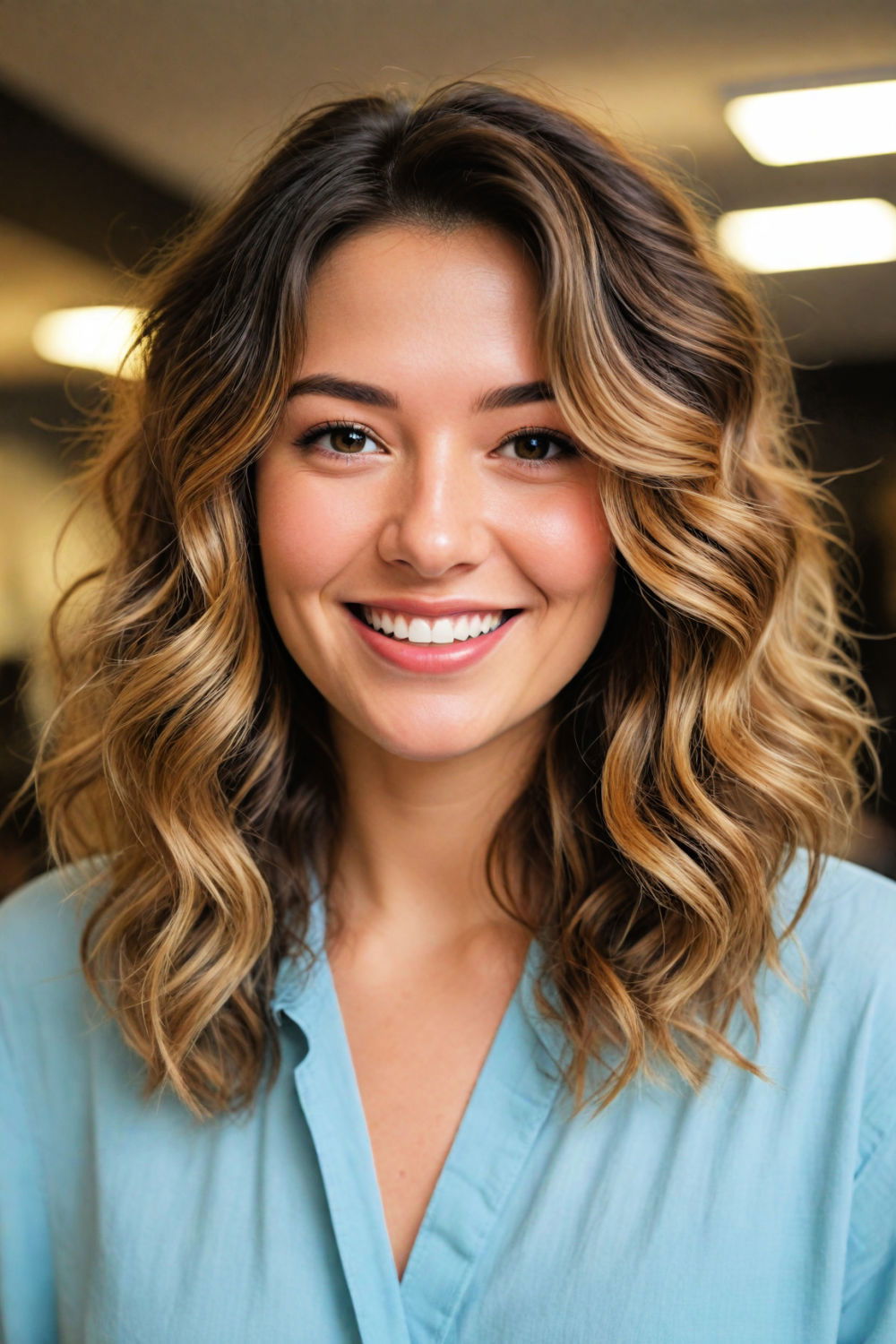 layered waves hairstyle to hide double chin 