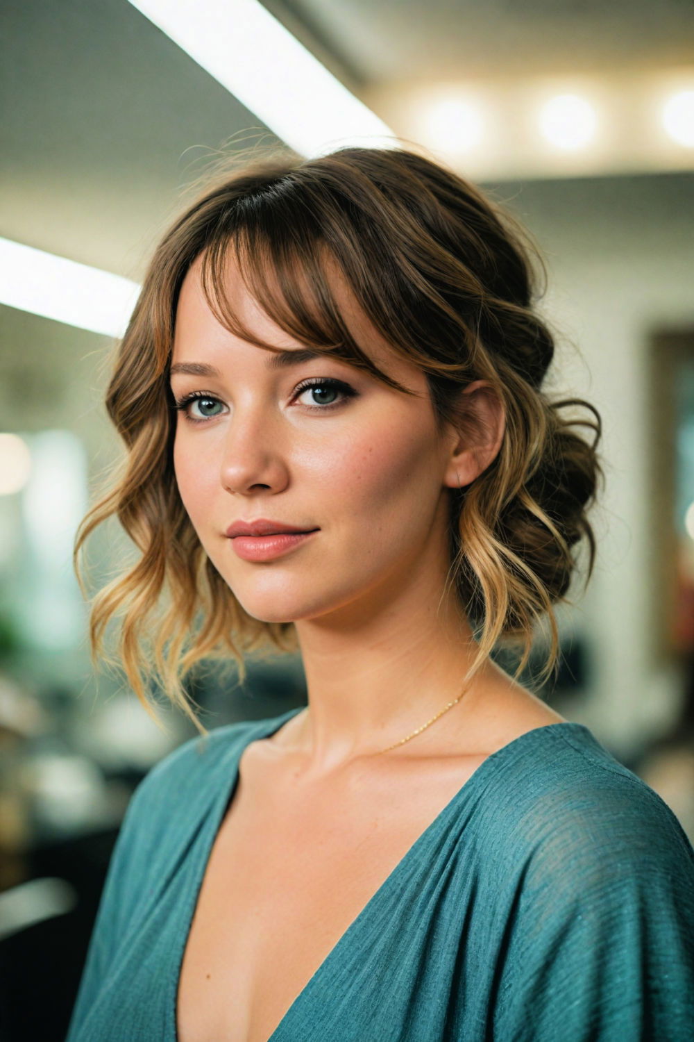 loose updo with long curtain bangs