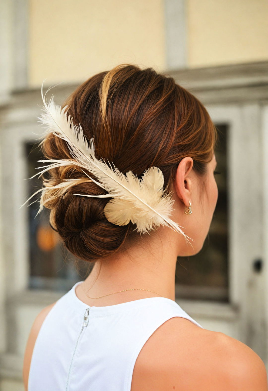 low bun with feathers hairstyle