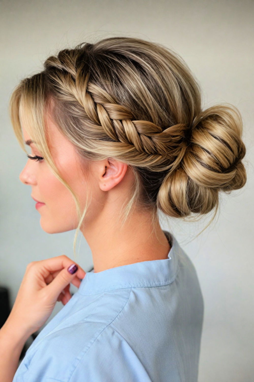 low bun with french braid hairstyle