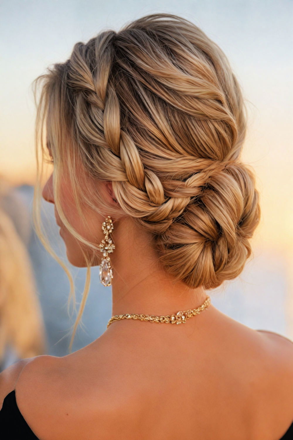 low bun with halo braid hairstyle