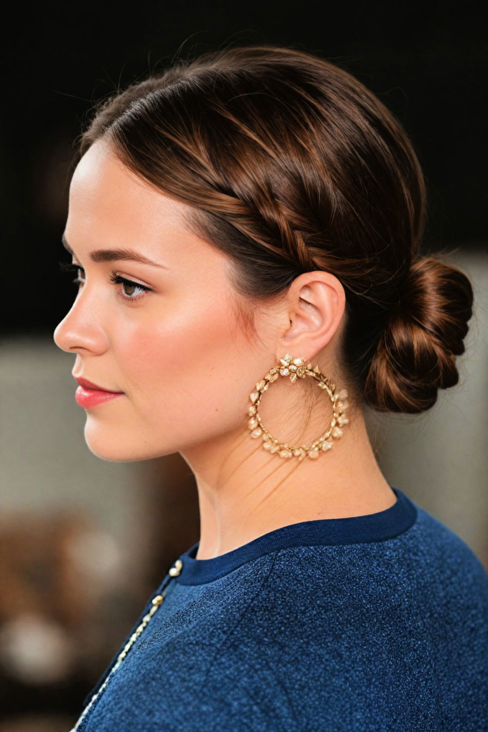 low bun with intricate parting hairstyle