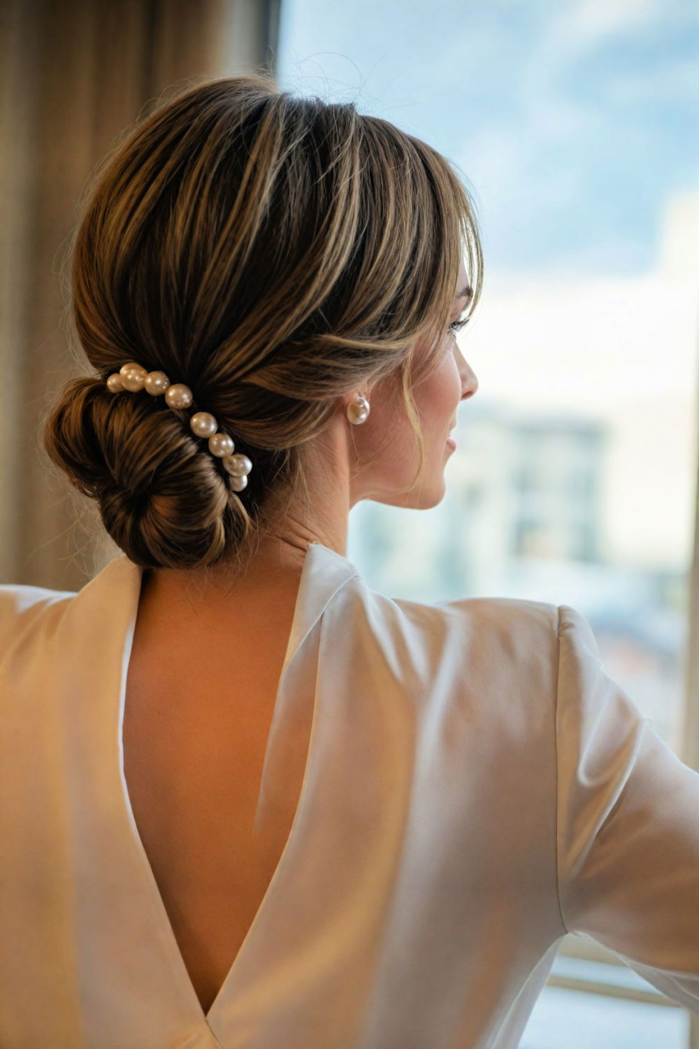 low bun with pearls simple hairstyle into a statement piece