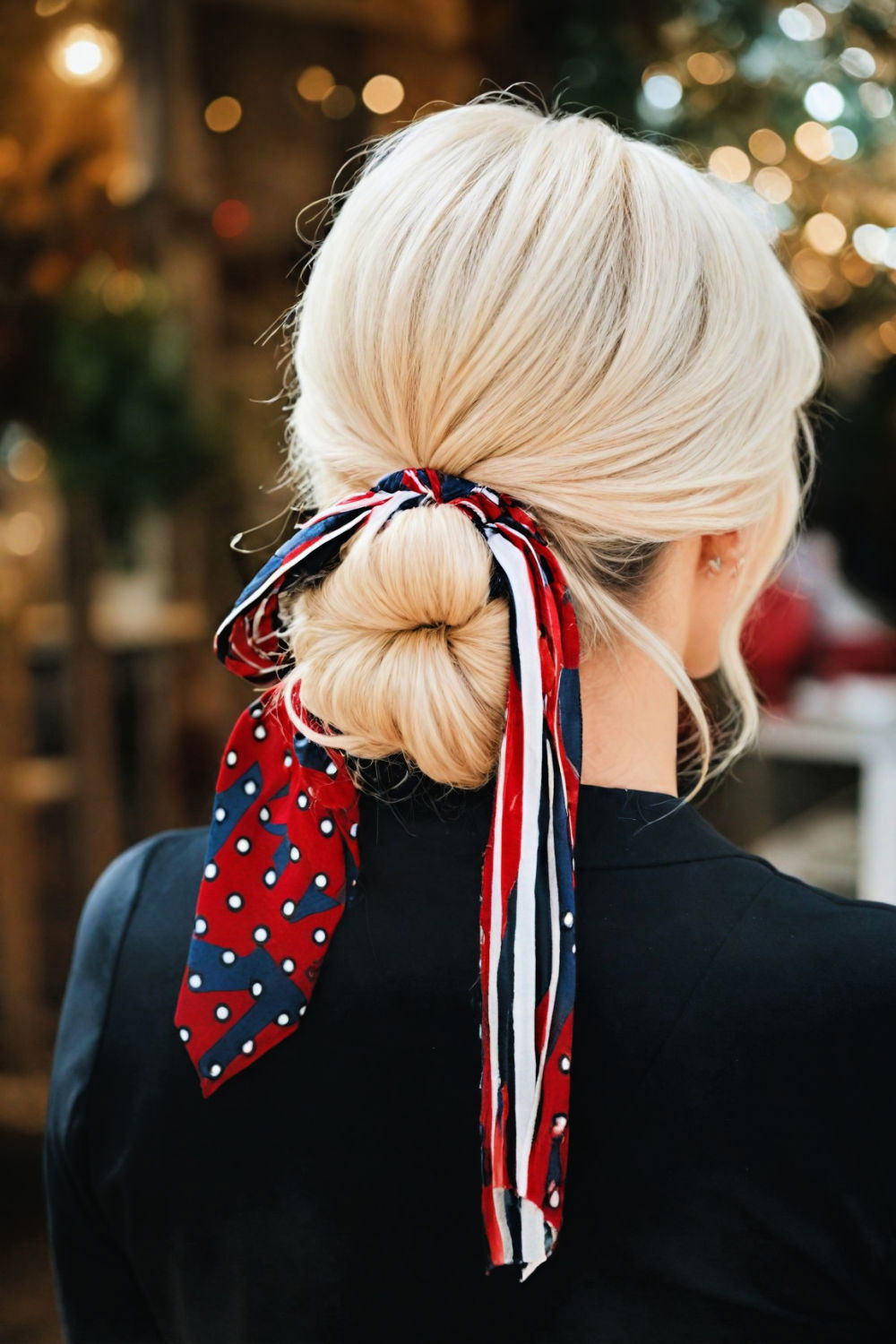 low bun with scarf hairstyle