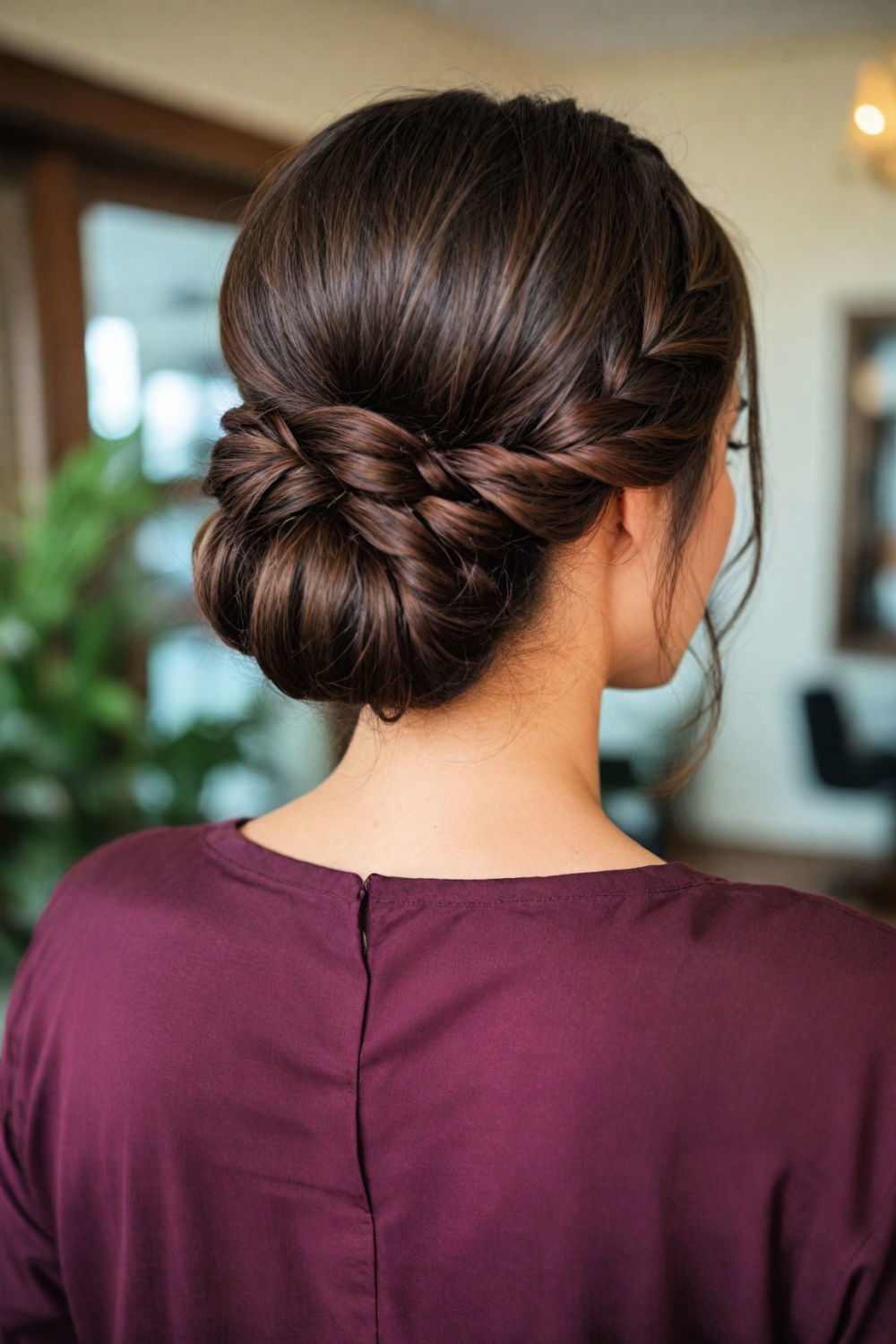 low bun with side braid for medium length hair