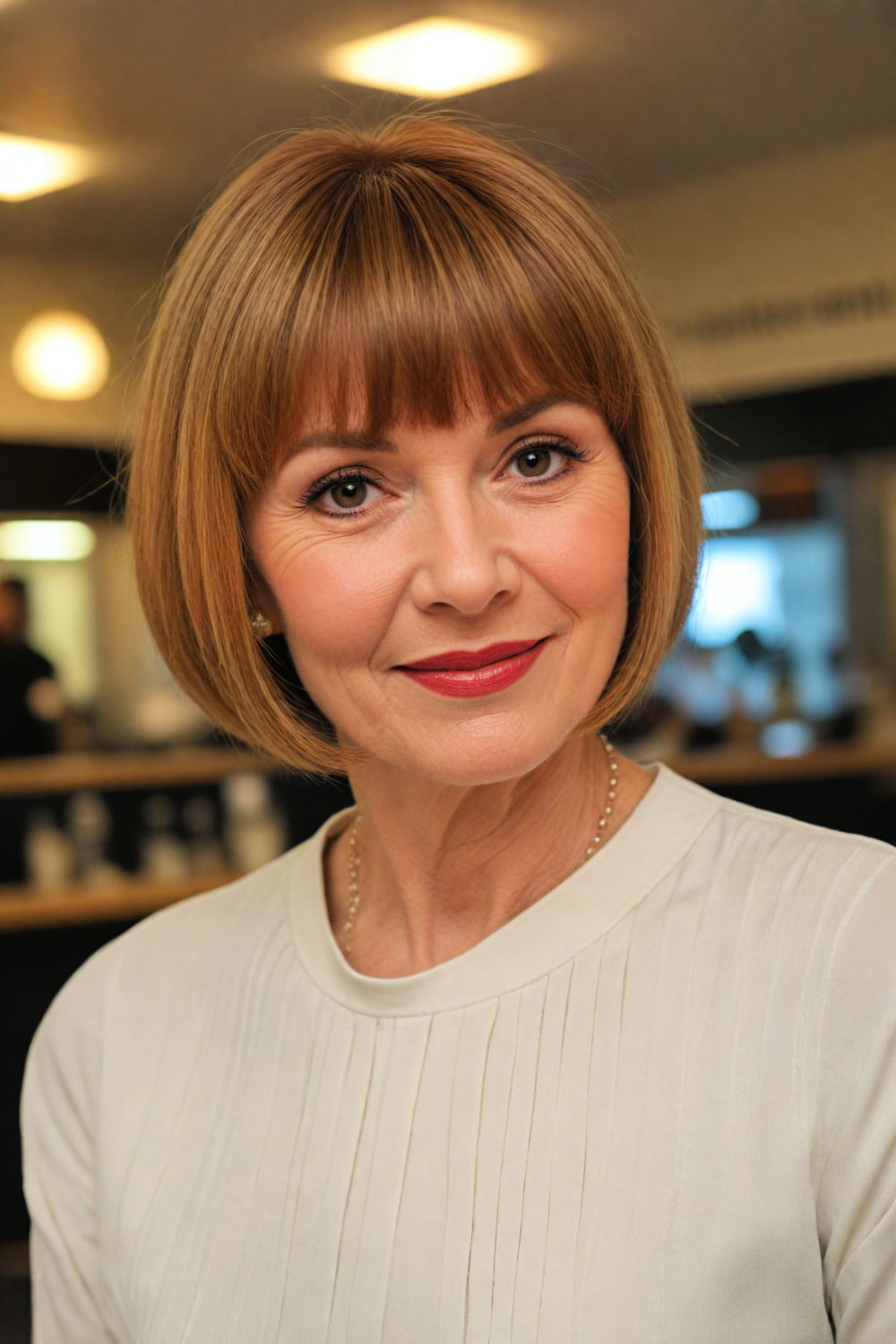 medium blunt fringe bob hairstyle for 60 years old