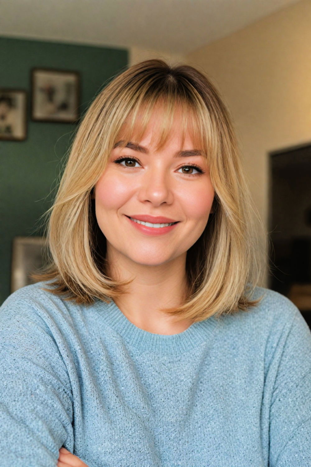 medium length straight hair with wispy bangs