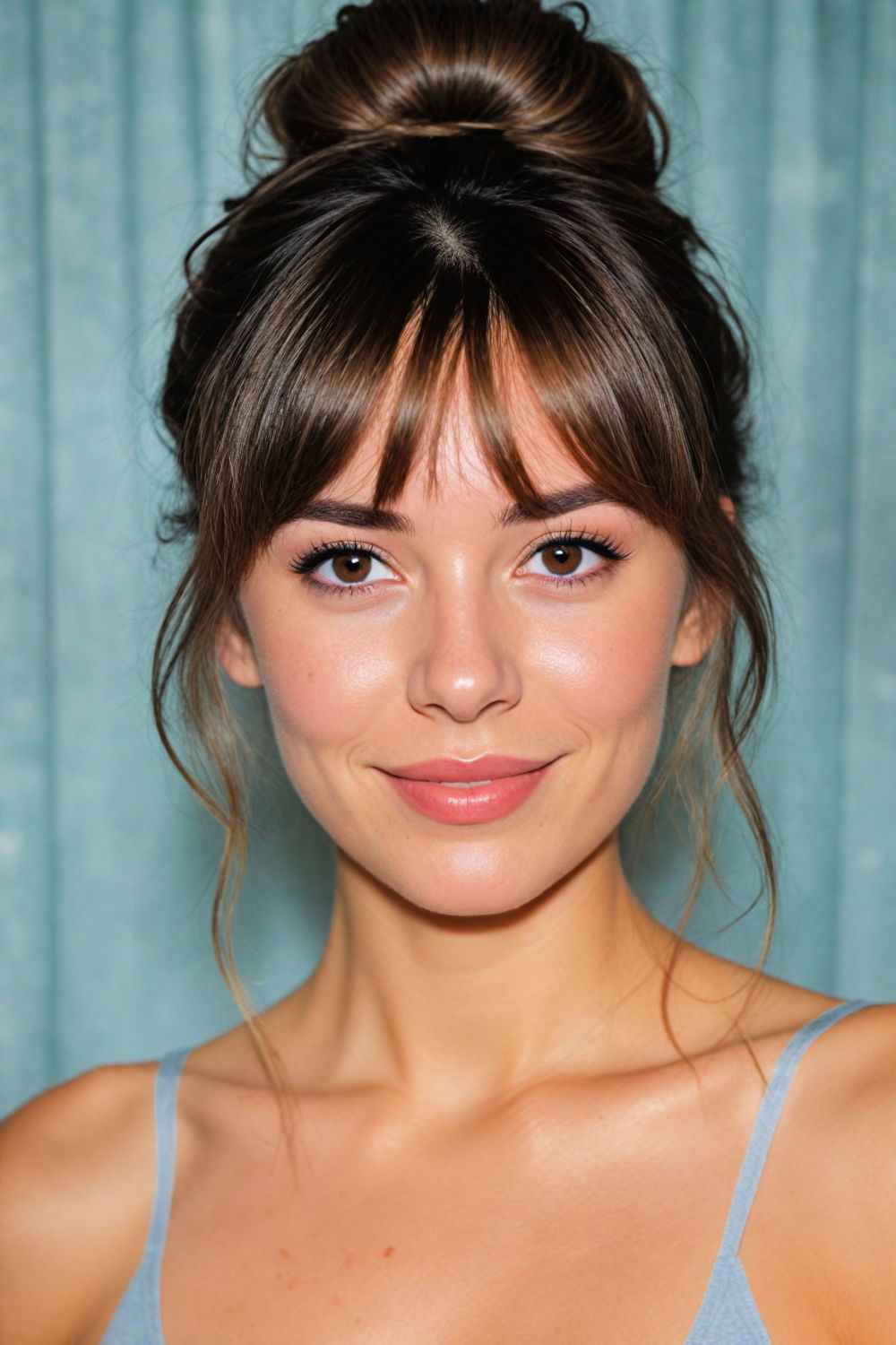 messy bun with curtain bangs