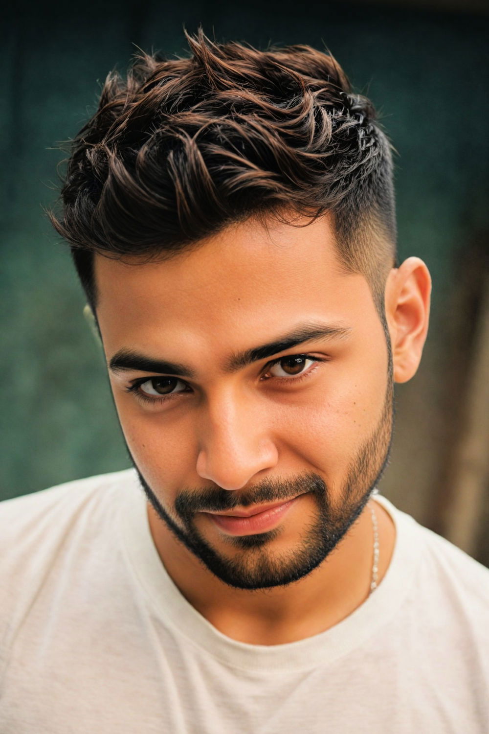 messy top with low fade haircut for round face men