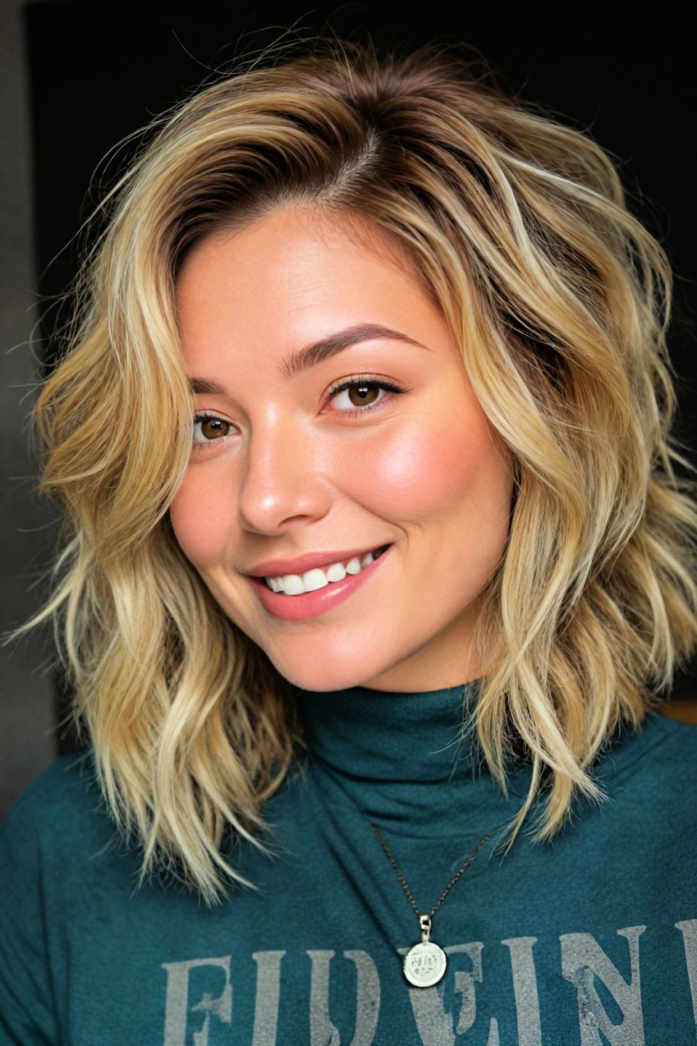 mid length tousled bob for double chin women