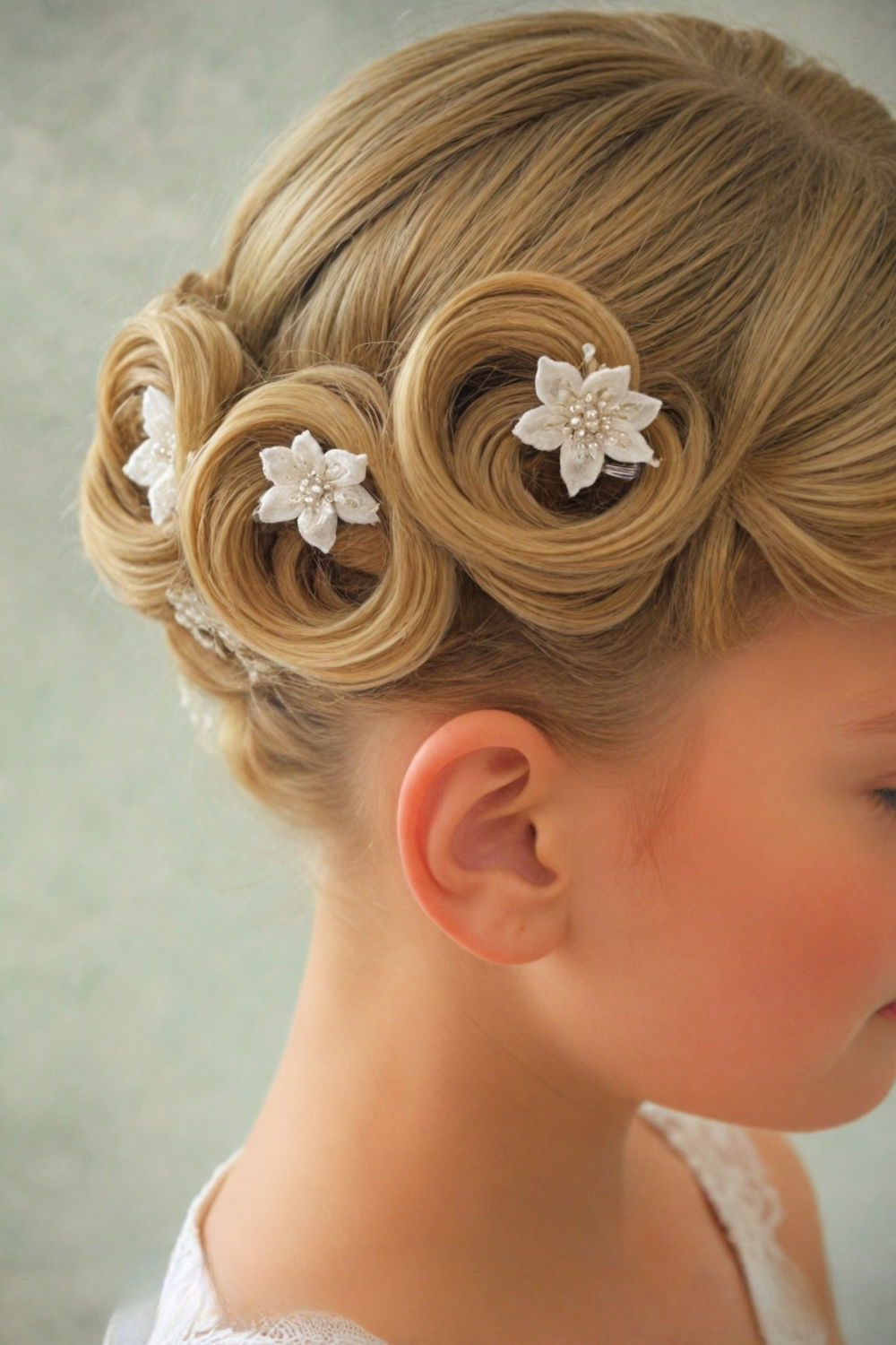 pin curls with lace headpiece for little girls