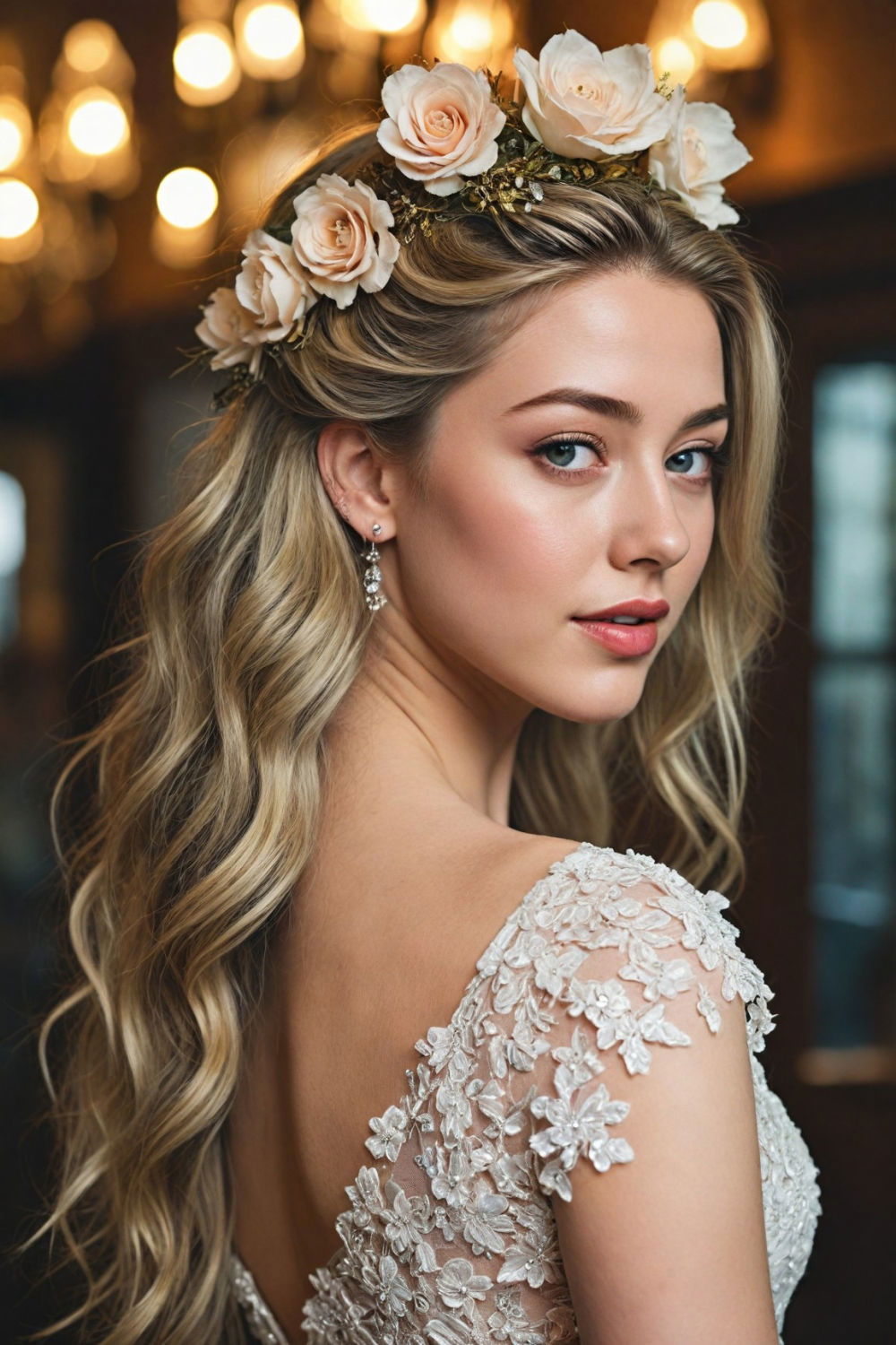 pin straight hair with floral headpiece hairstyle