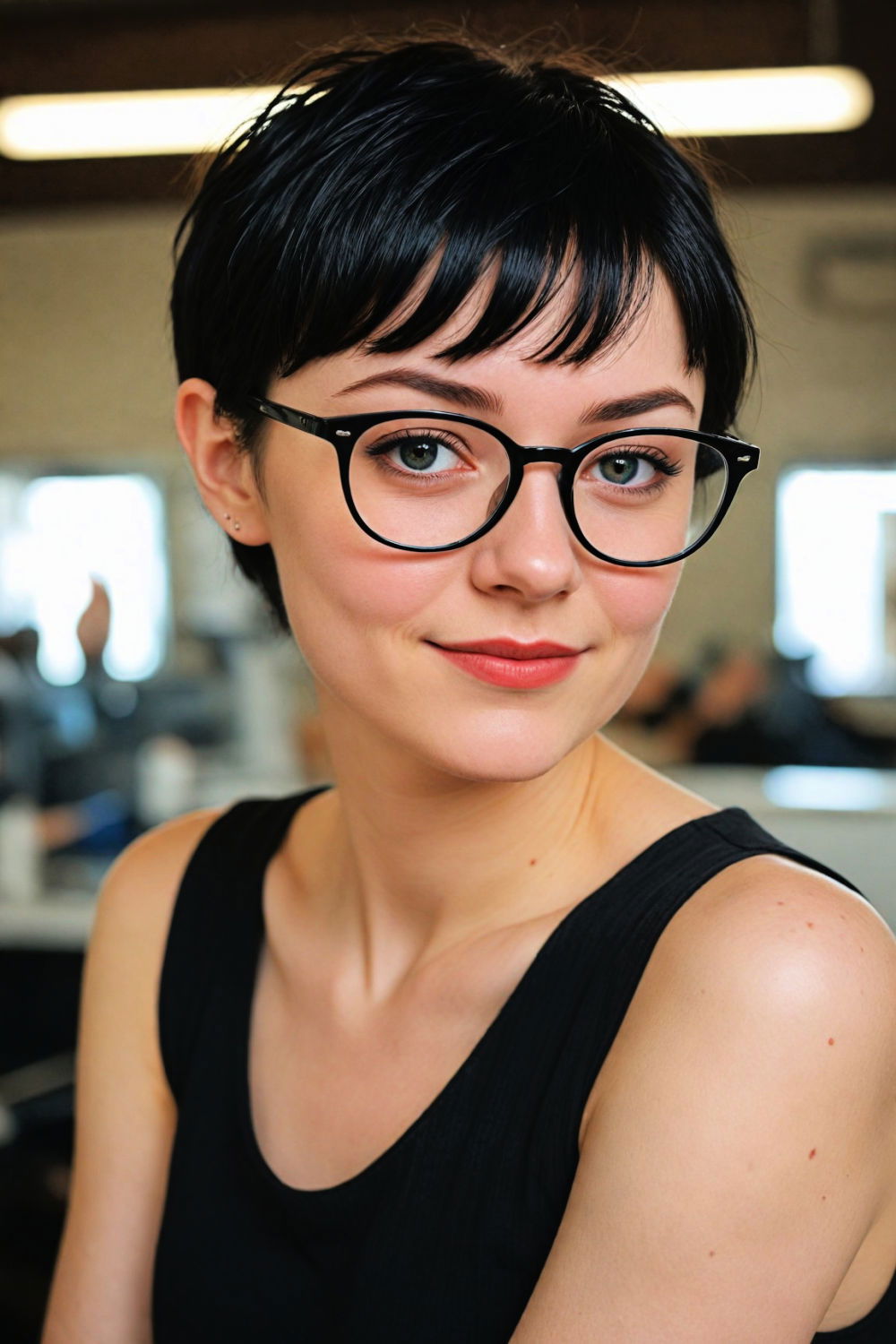 pixie cut with bangs and glasses
