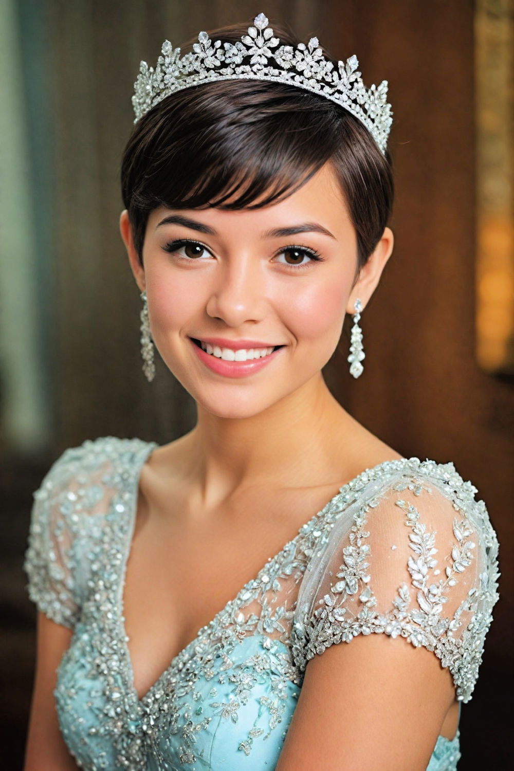 pixie cut with delicate tiara