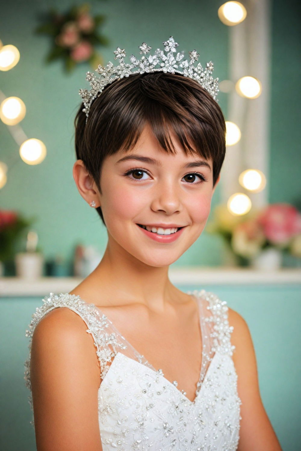 pixie cut with mini tiara flower girl hairstyle