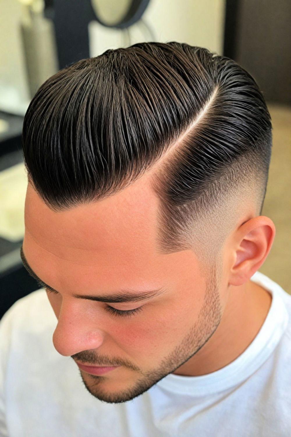 razor part slick back hairstyle for men