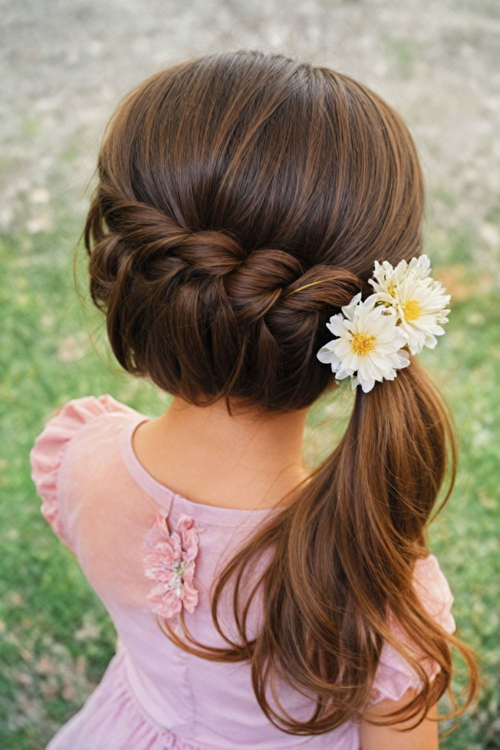 side ponytail with floral accents hairstyle