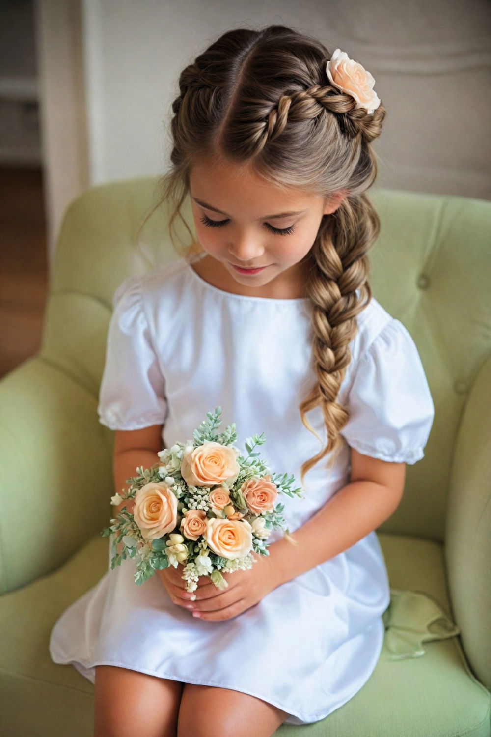 simple low side braid with silk flowers