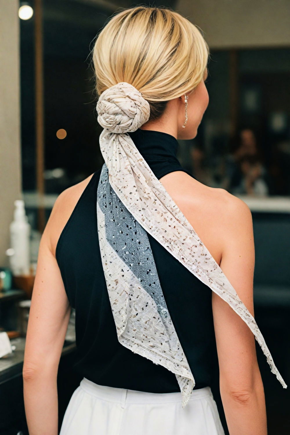 simple scarf wrapped bun hairstyle