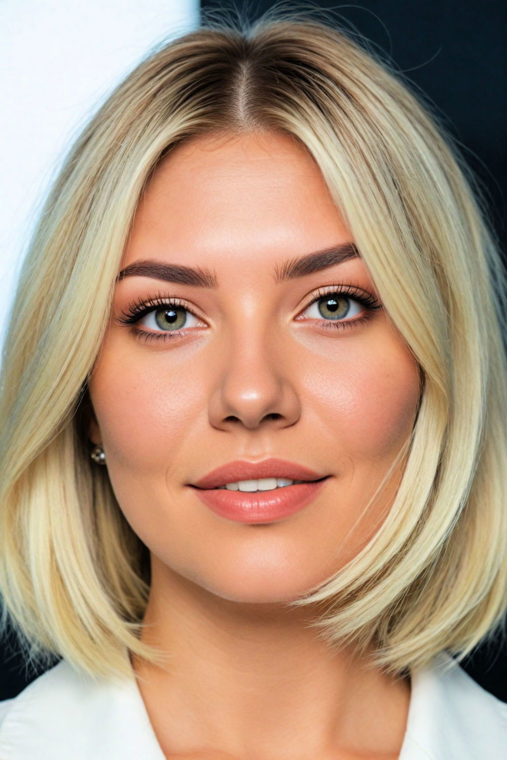 sleek center part bob for round face women