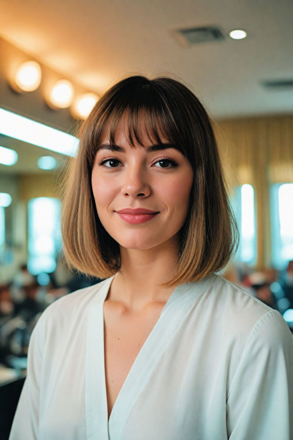 sleek lob with face framing curtain bangs