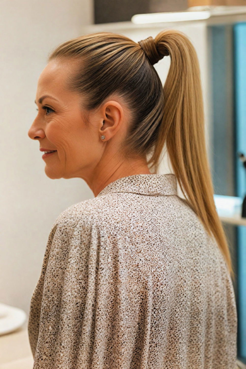 sleek ponytail hairstyle for women over 60 with round face