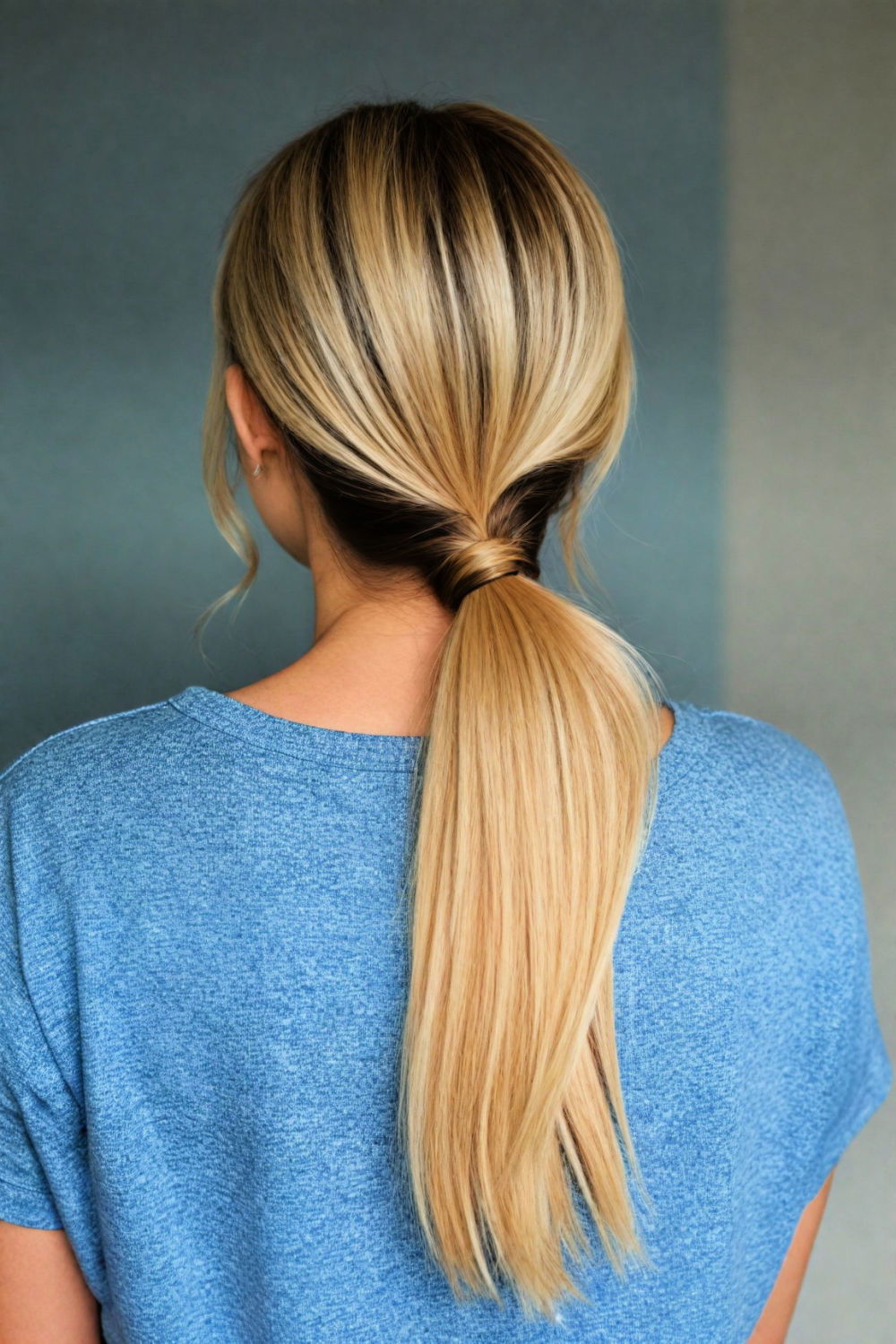 sleek ponytail with a twist hairstyle that hides sagging neck