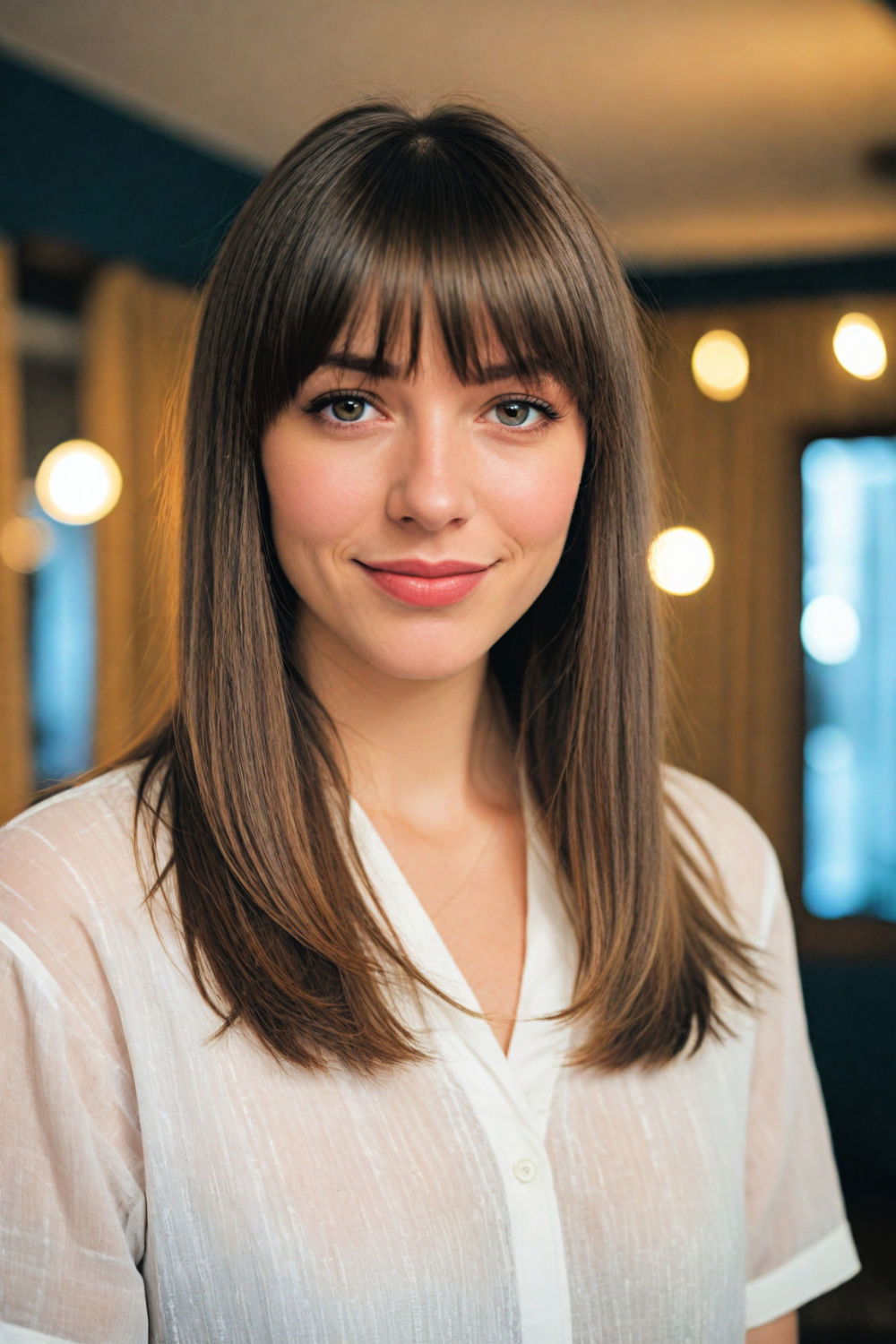 sleek straight hair with curtain bangs