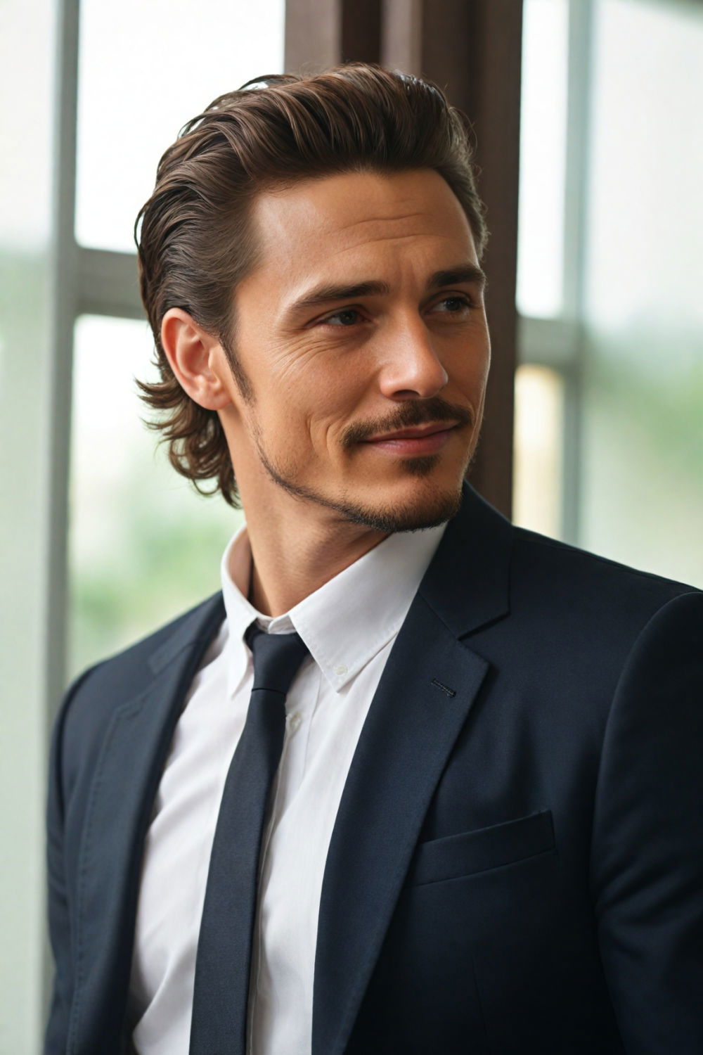 slick back medium length hairstyle for men