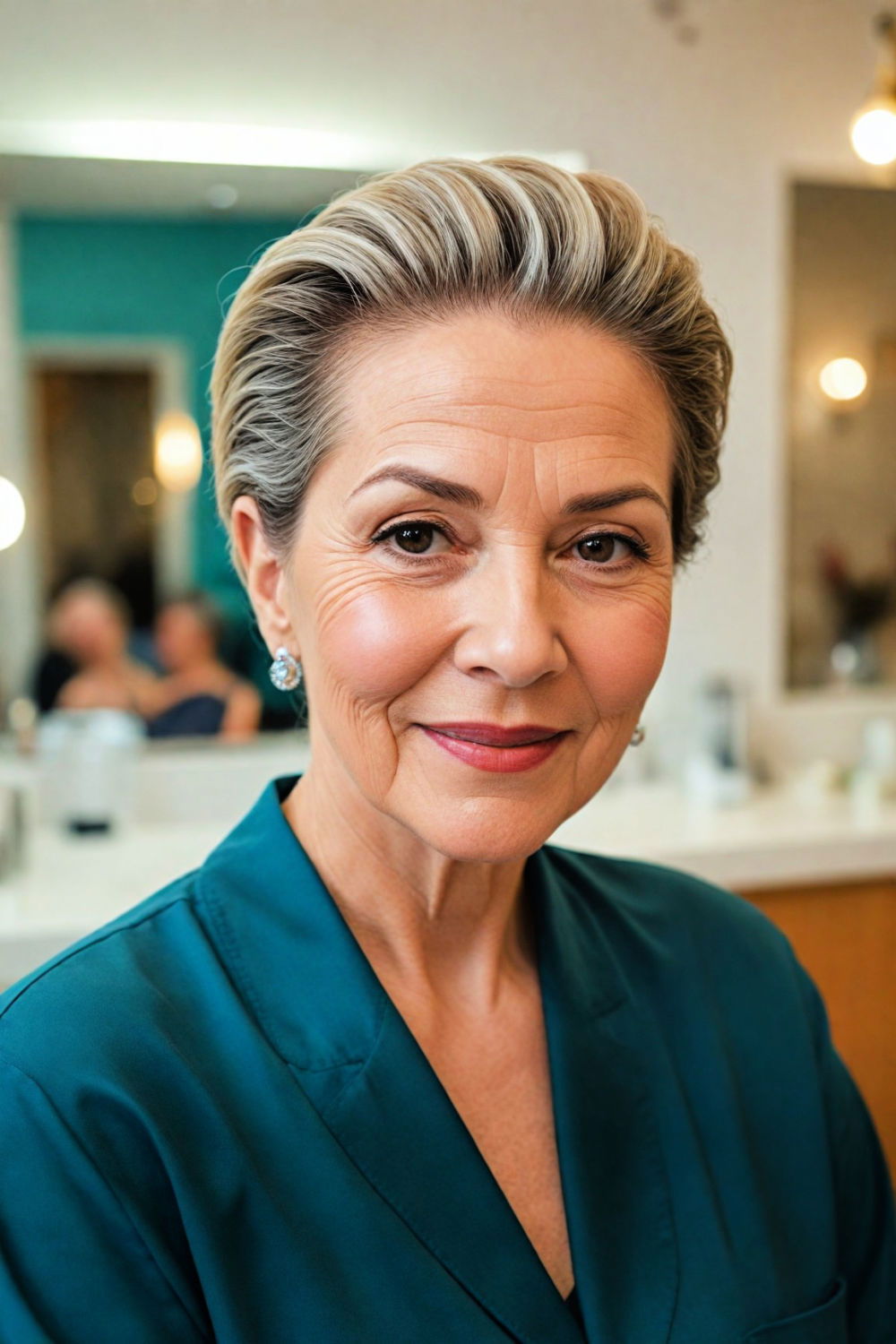 slicked back hairstyle for women over 60 with round face